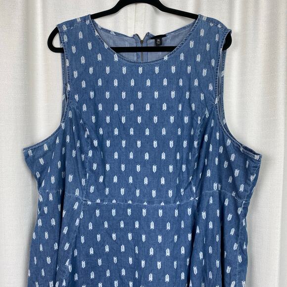 Torrid Denim Chambray Leaf Print Sleeveless Skater Dress Sz.26W - Picture 4 of 13